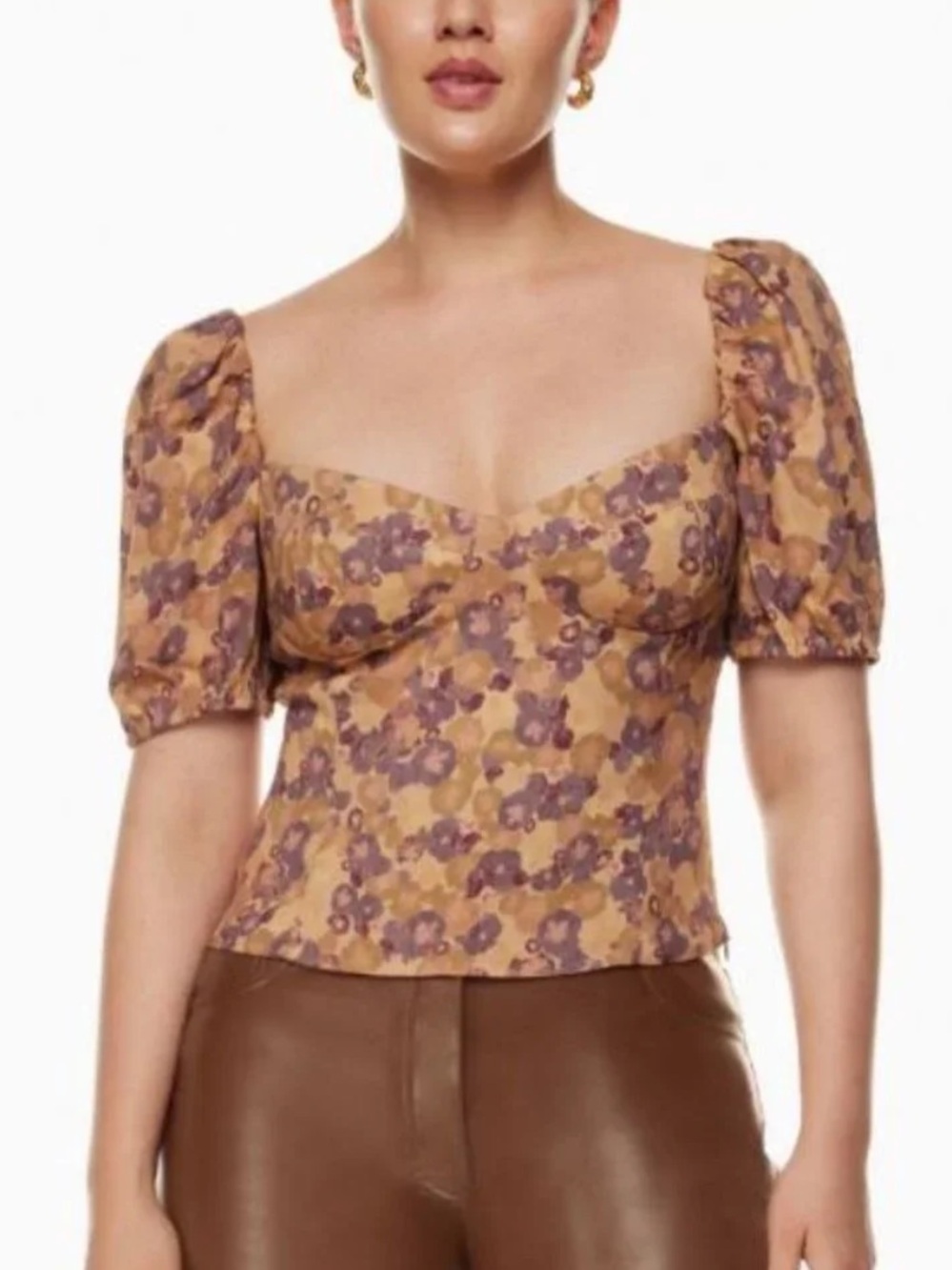 Wilfred Mustard and Purple Floral Square-Neck Puff Sleeve Top